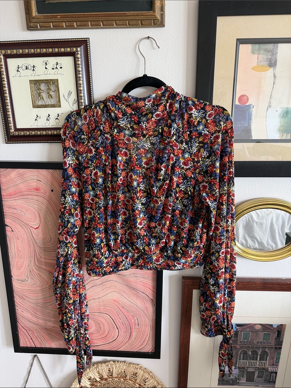 Free People Navy Multi Floral Long-Sleeve Cropped Blouse